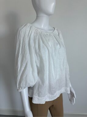H&M White Linen Gathered Neck Peasant Blouse off the shoulder puff sleeves